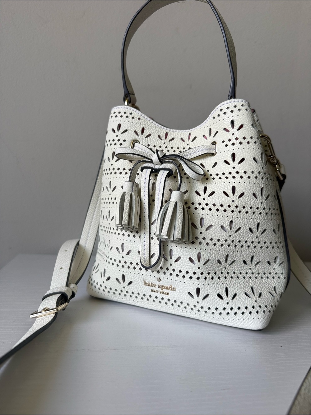 kate spade White Perforated Leather Drawstring Bucket Bag - Picture 4 of 11